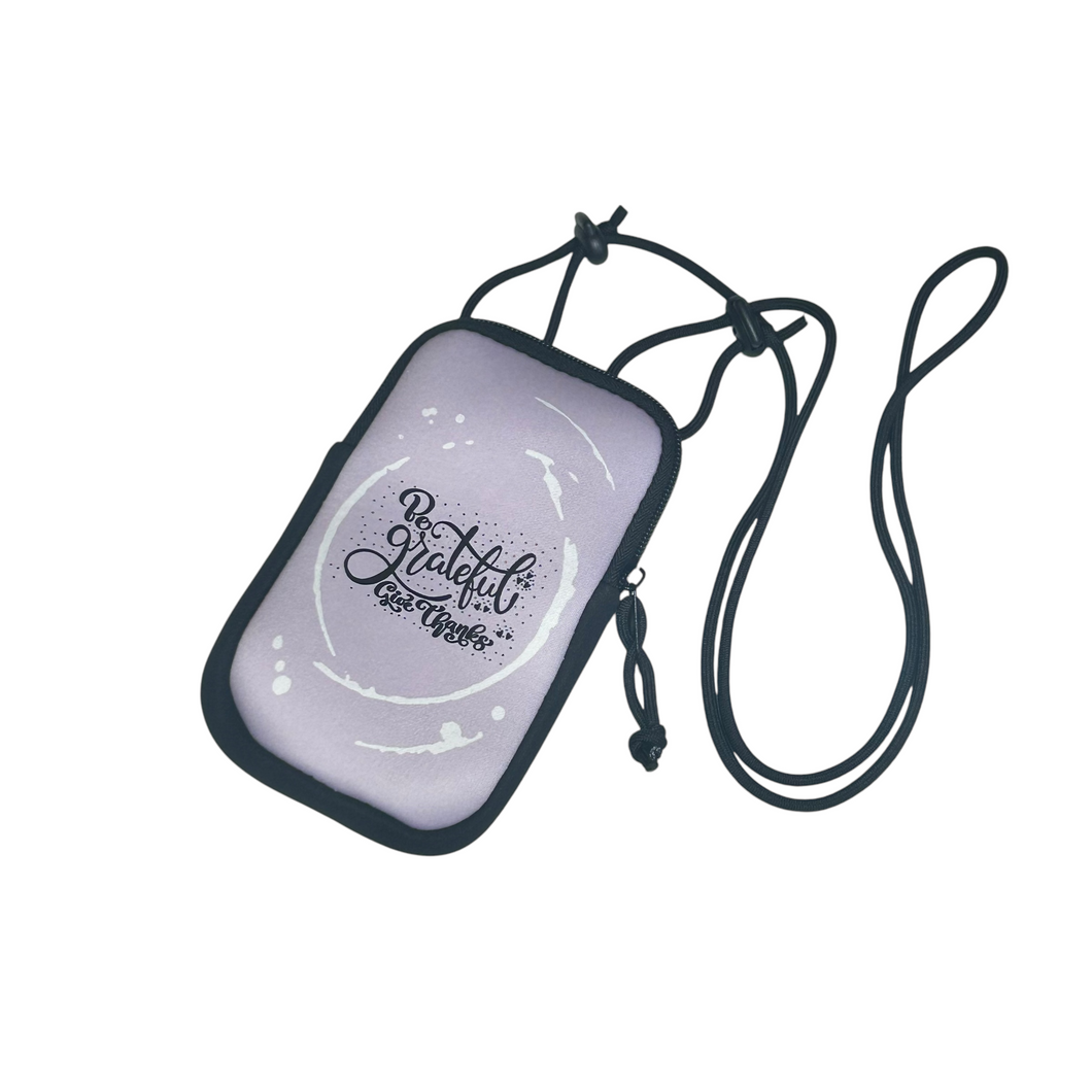 mobilebag to carry phone with adjustable shoulder strap and motivational message be grateful purple